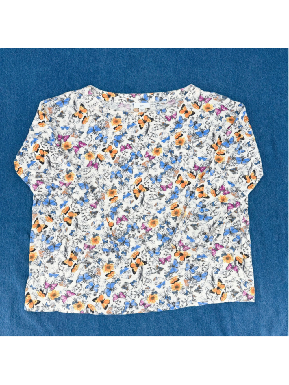 J Jill Butterfly Tee 3/4 Sleeves 100% Cotton Cottagecore Fairy Multicolor Sz MP